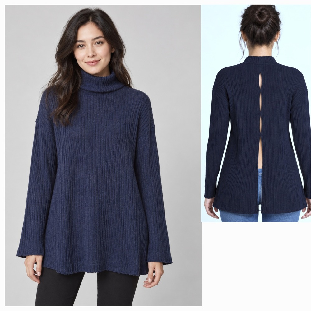 Loveriche Navy Blue Ribbed Turtleneck Split Back Sweater LT23470 Small